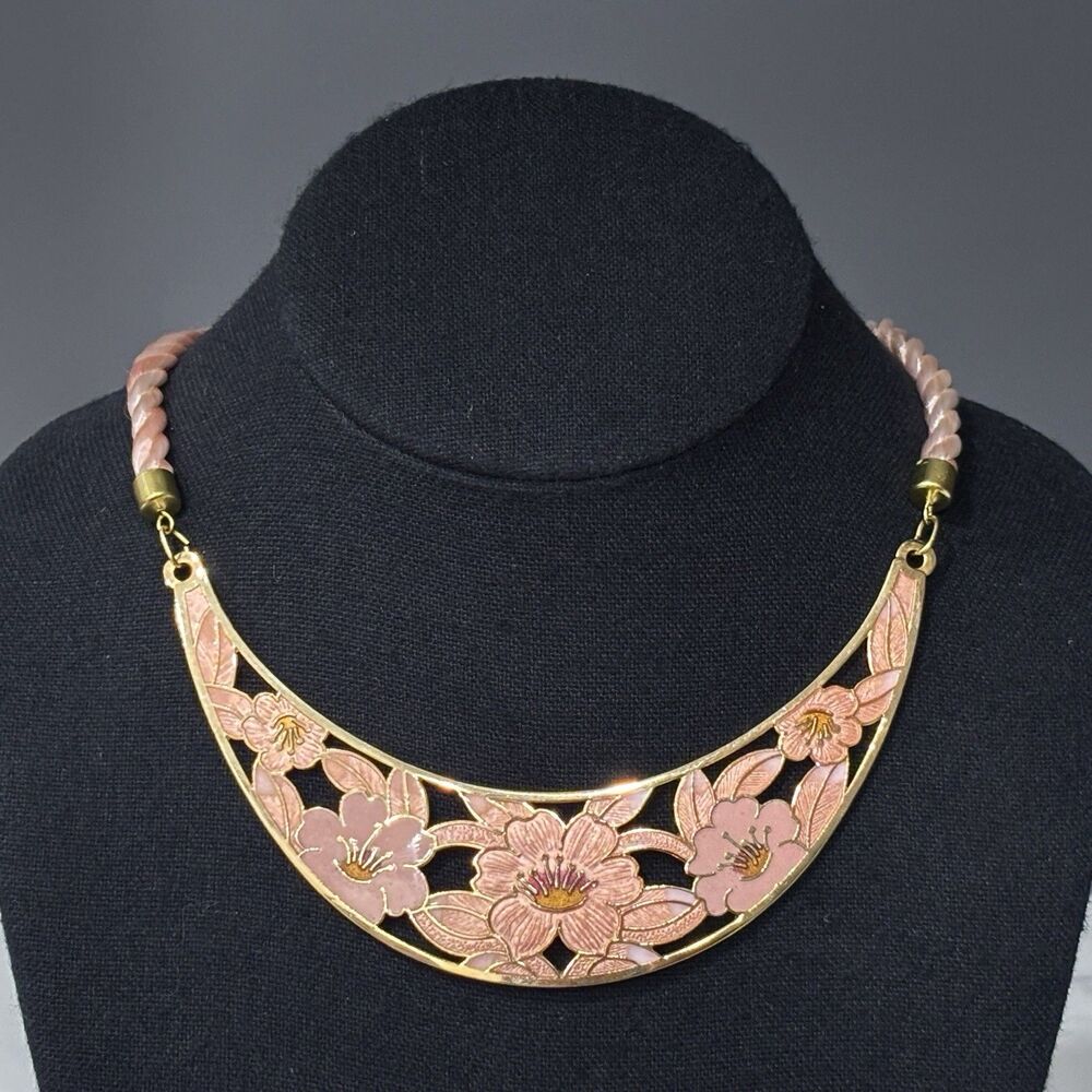Vintage Cloisonne Enamel Necklace Pink Floral Bib Cord Gold Tone 80s Signed 17"